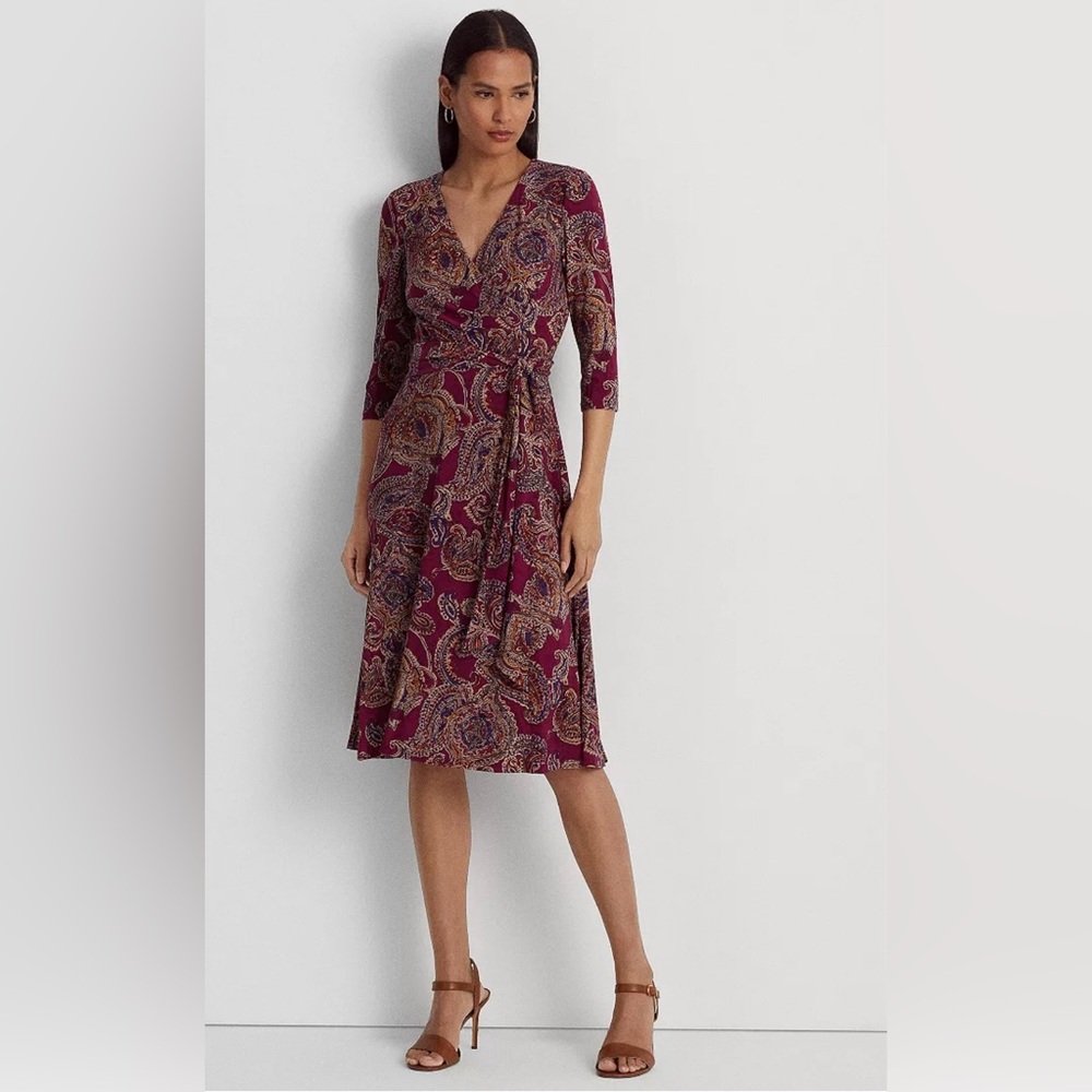 NWT Lauren Ralph Lauren Burgundy Paisley Midi Dress Size 10